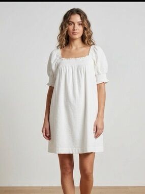 Lavender J | White Smocked Cotton Mini Dress new pit to pit 19”  length 32”